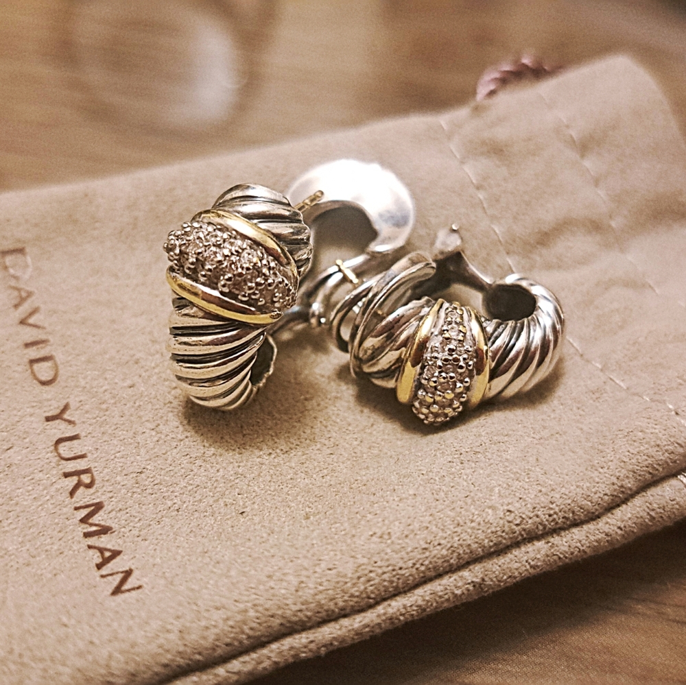 David Yurman Sterling Silver/Gold Pave Diamond Shrimp Earrings